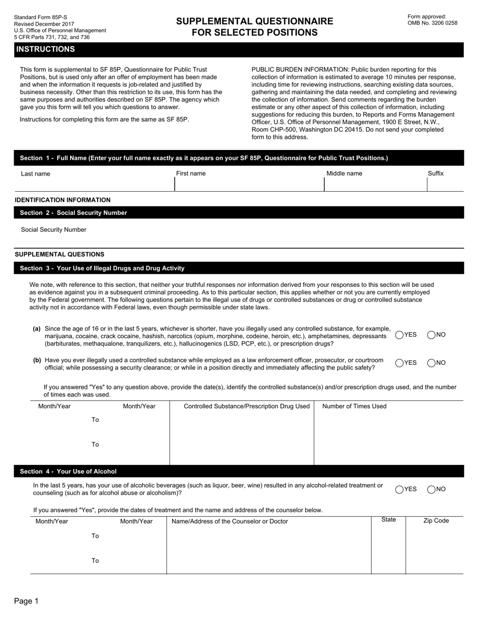 Form SF-85P-S Supplemental Questionnaire for Selected Positions, Page 1