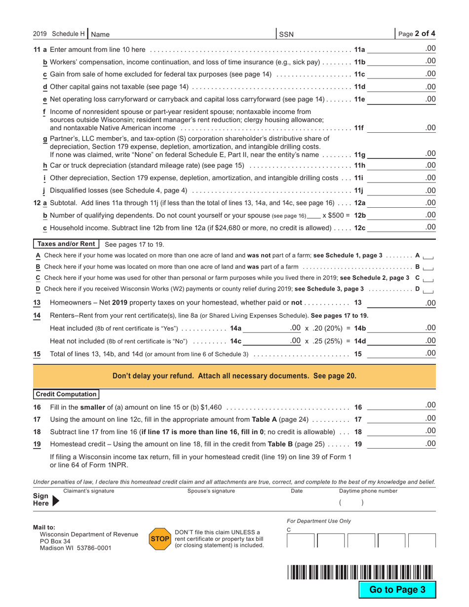 Form I-016 Schedule H Wisconsin Homestead Credit - Wisconsin, Page 2