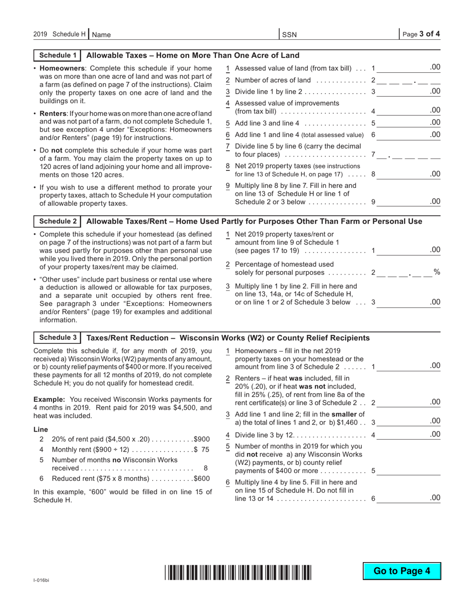 Form I016 Schedule H Download Fillable PDF or Fill Online Wisconsin