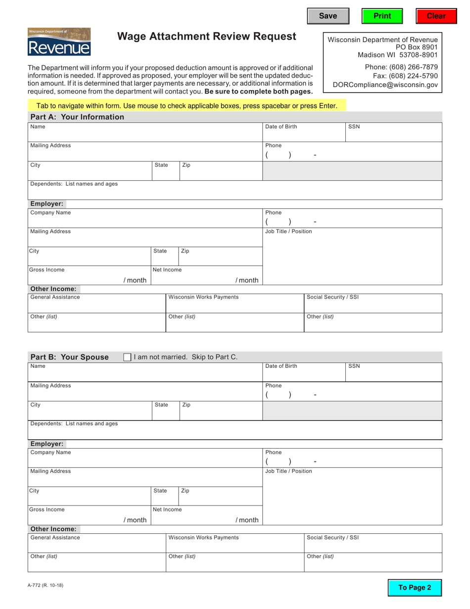 Form A-772 Wage Attachment Review Request - Wisconsin, Page 1