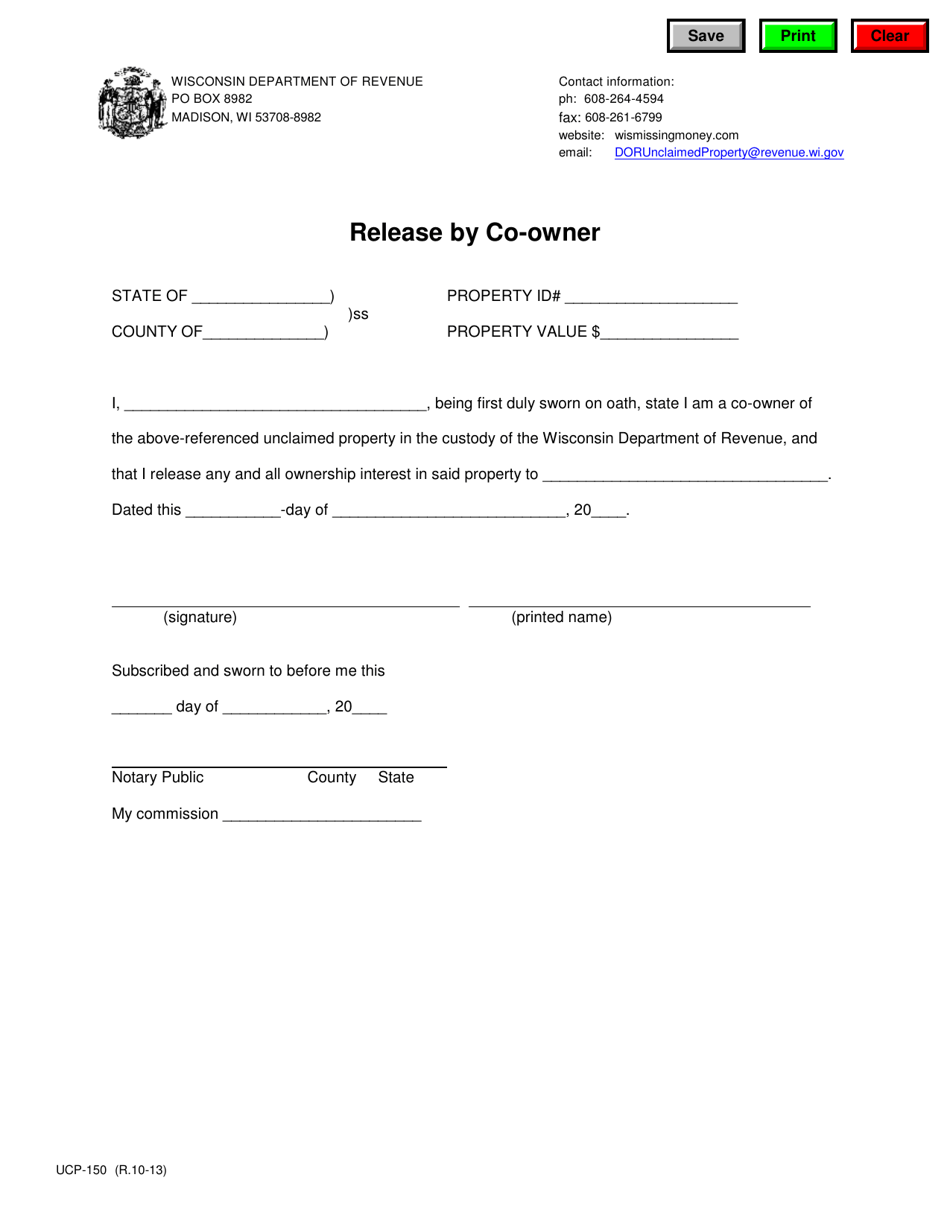 Form UCP-150 Release by Co-owner - Wisconsin, Page 1