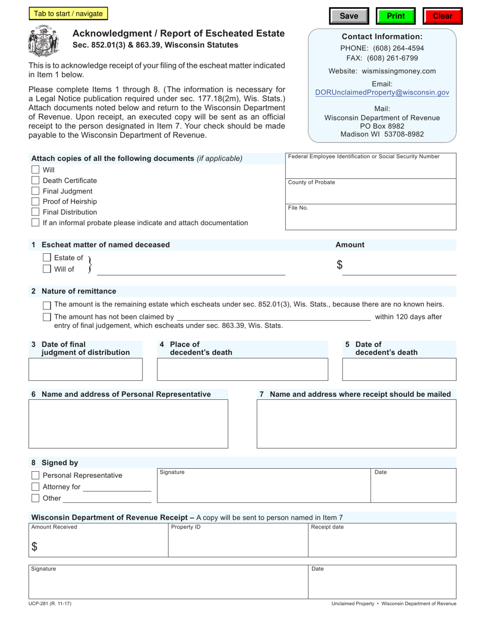 Form UCP-281 Acknowledgment / Report of Escheated Estate - Wisconsin, Page 1