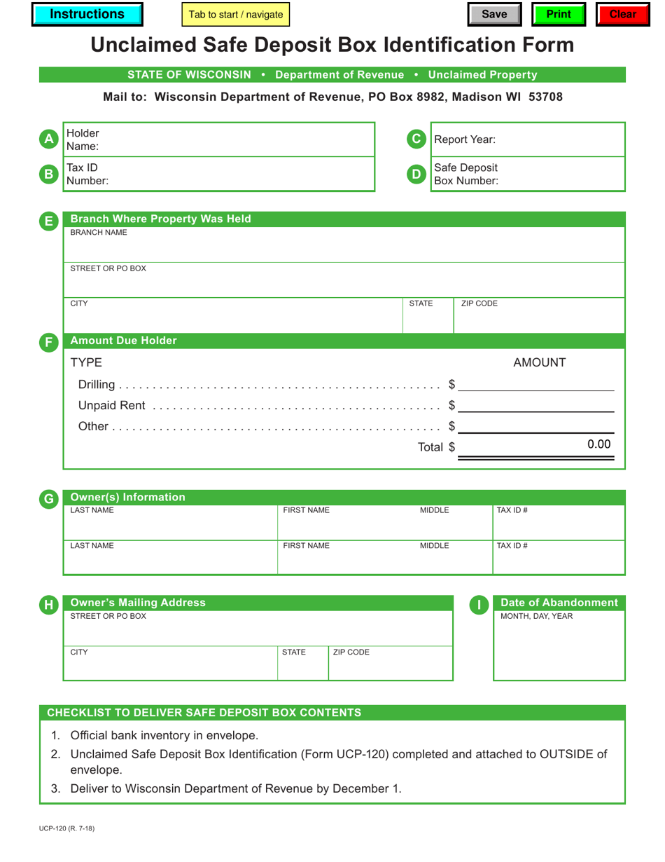Form UCP-120 Unclaimed Safe Deposit Box Identification Form - Wisconsin, Page 1