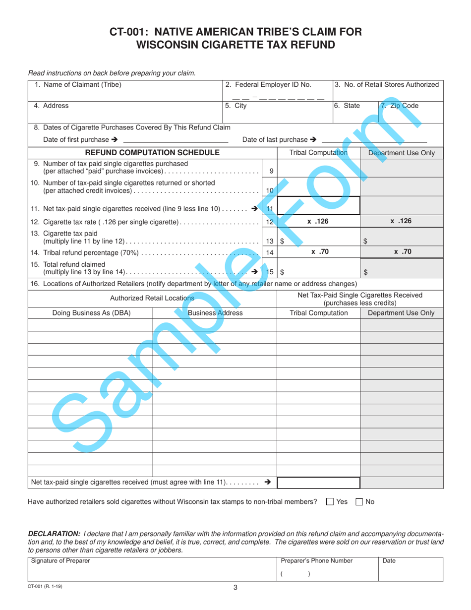 Form CT-001 Native American Tribes Claim for Wisconsin Cigarette Tax Refund - Wisconsin, Page 3