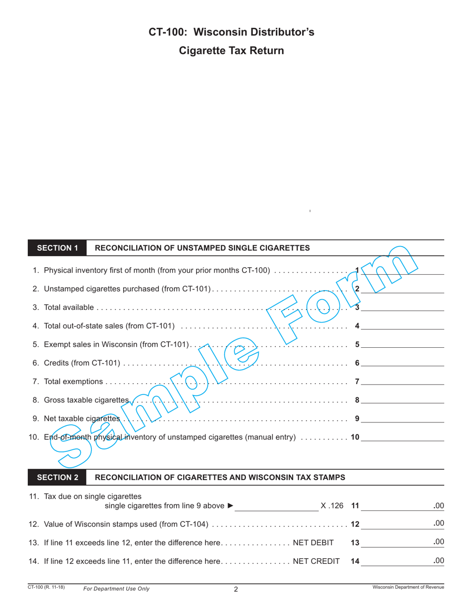 Form CT-100 Wisconsin Distributors Cigarette Tax Return - Wisconsin, Page 2