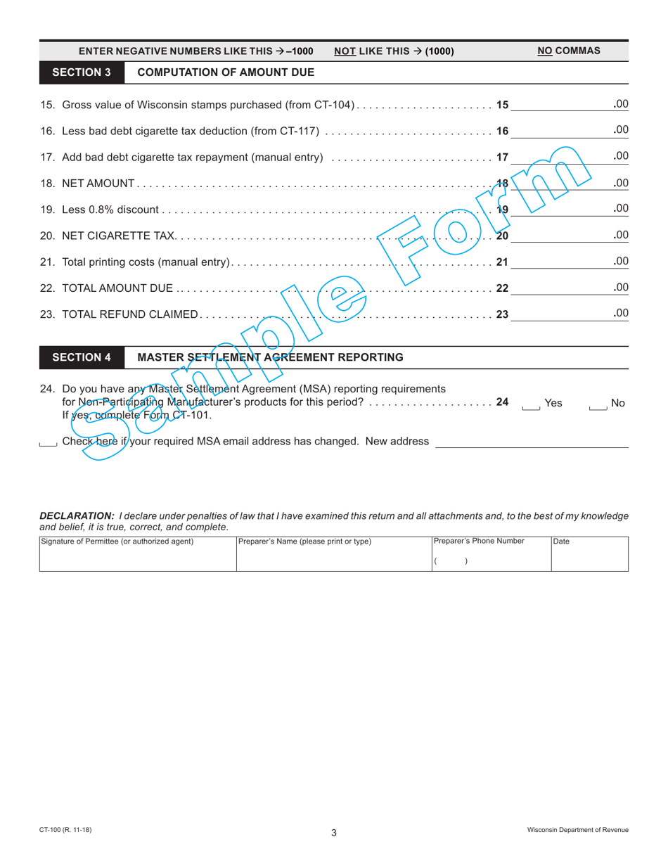 Form CT-100 Wisconsin Distributors Cigarette Tax Return - Wisconsin, Page 3