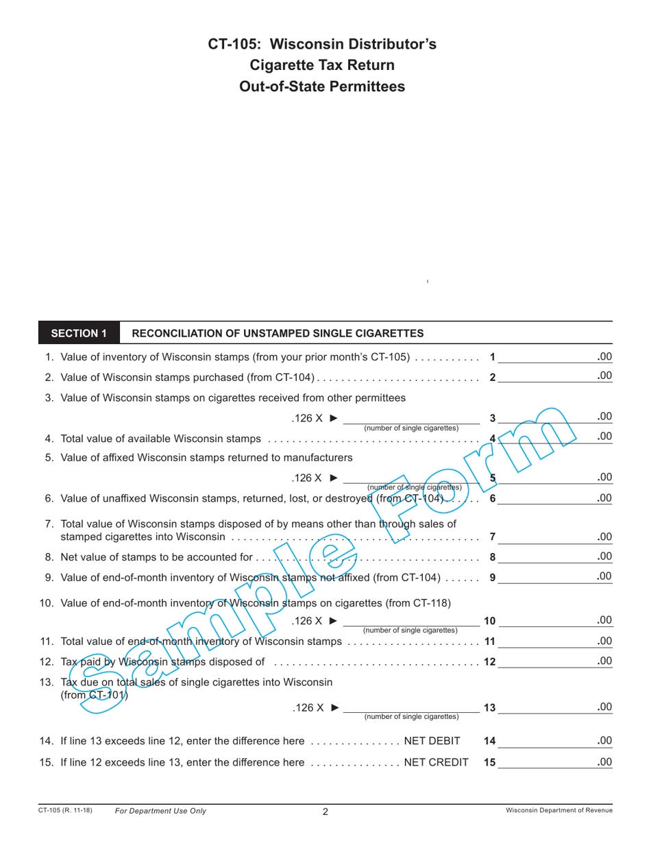 Form CT-105 Wisconsin Distributors Cigarette Tax Return Out-of-State Permittees - Wisconsin, Page 2