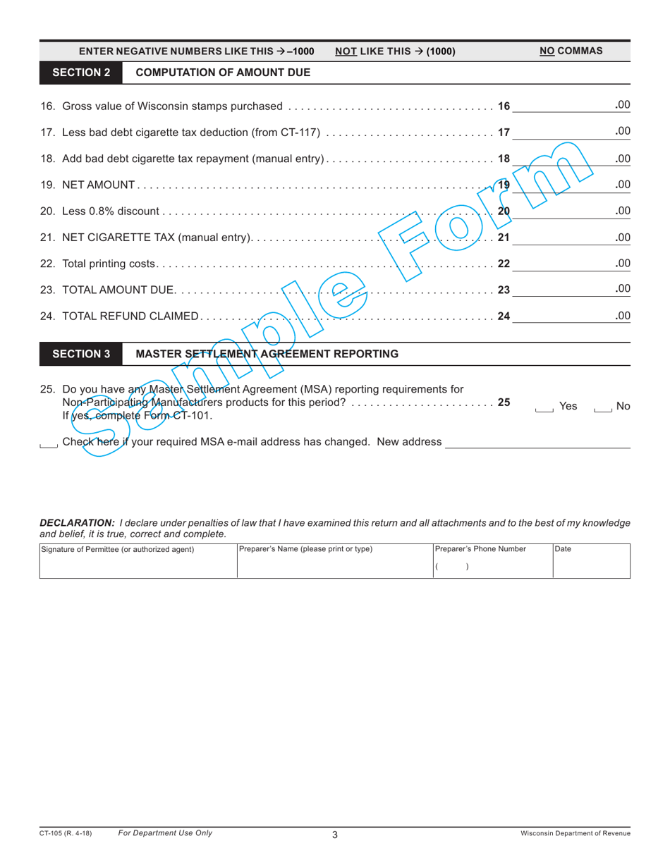 Form CT-105 Wisconsin Distributors Cigarette Tax Return Out-of-State Permittees - Wisconsin, Page 3