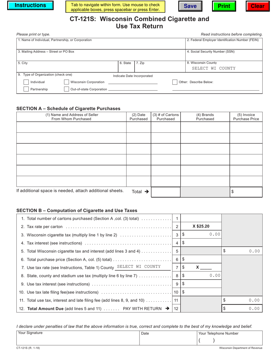 Form CT-121S Wisconsin Combined Cigarette and Use Tax Return - Wisconsin, Page 1