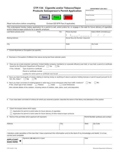 Form CTP-134 Cigarette and/or Tobacco/Vapor Products Salesperson's Permit Application - Wisconsin