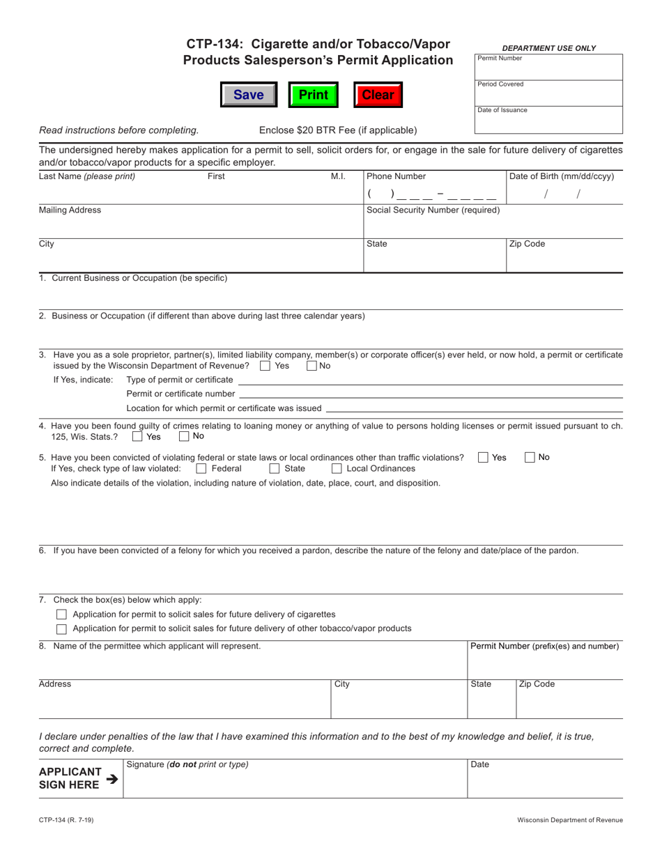 Form CTP-134 Cigarette and / or Tobacco / Vapor Products Salespersons Permit Application - Wisconsin, Page 1