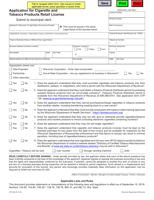 Form CTP-200 Application for Cigarette and Tobacco Products Retail License - Wisconsin