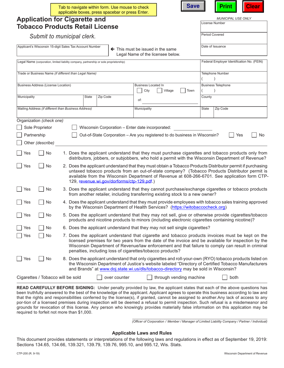 Form CTP-200 Application for Cigarette and Tobacco Products Retail License - Wisconsin, Page 1