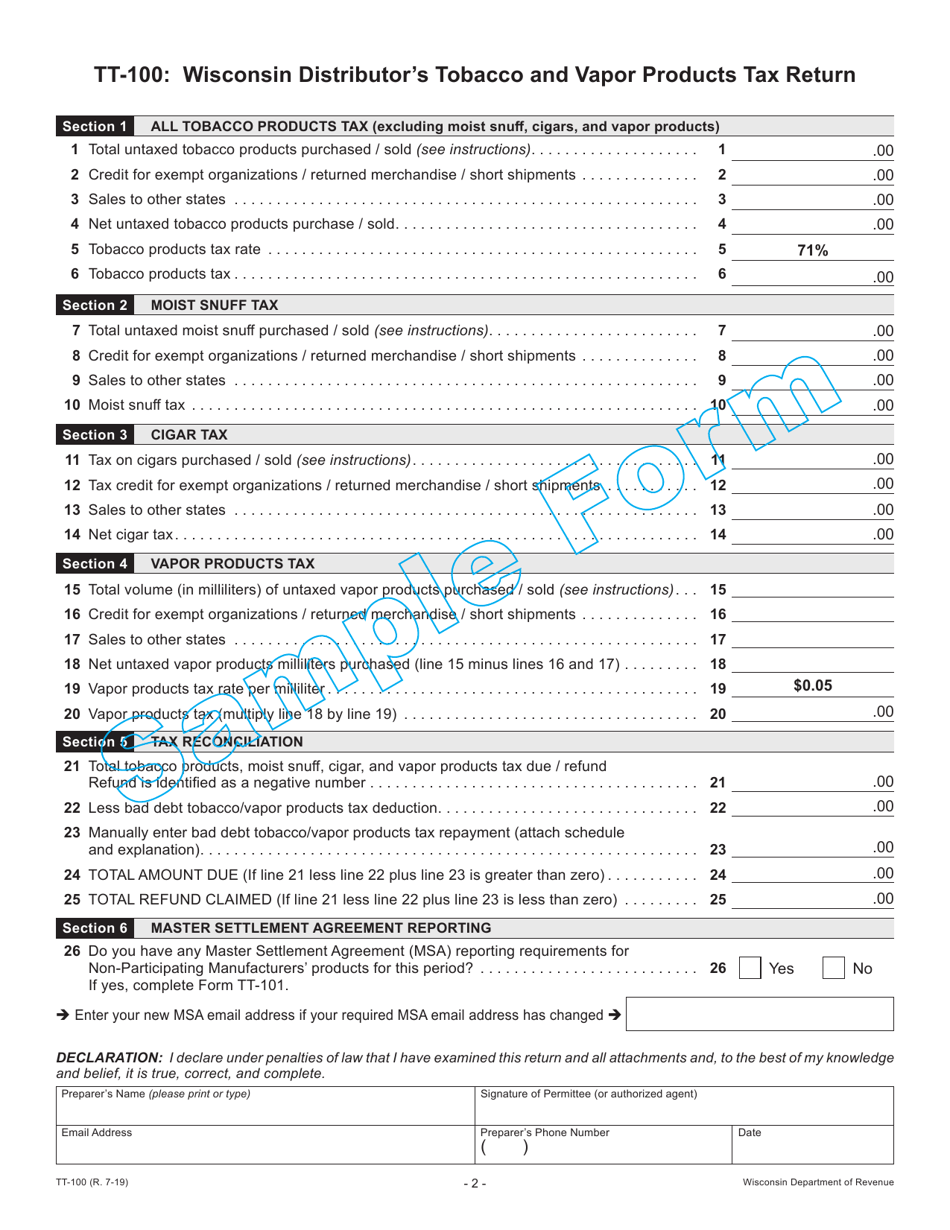 Sample Form TT-100 Wisconsin Distributors Tobacco and Vapor Products Tax Return - Wisconsin, Page 2