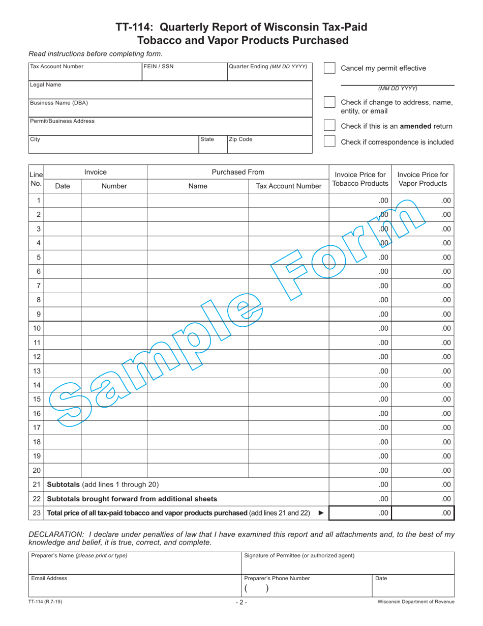 Form TT-114 Quarterly Report of Wisconsin Tax-Paid Tobacco and Vapor Products Purchased - Wisconsin, Page 2