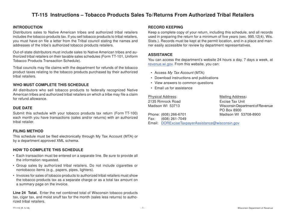 Form TT-115 Tobacco Products Sales to / Returns From Authorized Tribal Retailers - Wisconsin, Page 1