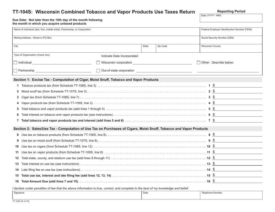 Form TT-104S Wisconsin Combined Tobacco and Vapor Products Use Taxes Return - Wisconsin, Page 1