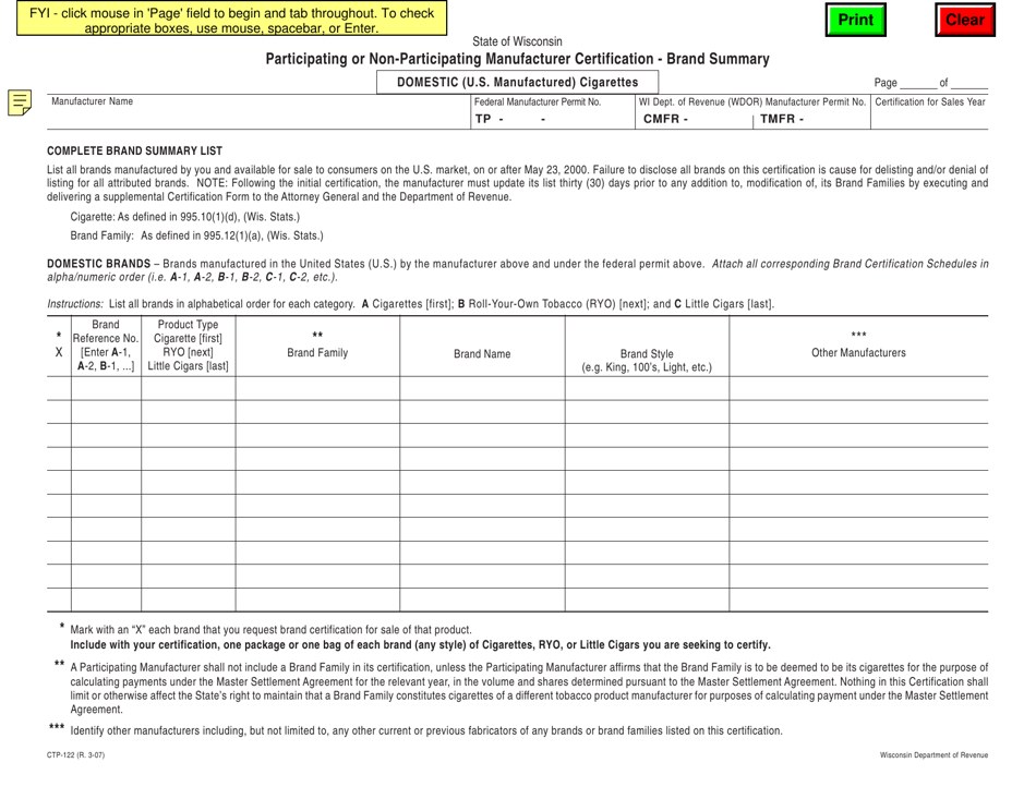 Form CTP-122 Brand Summary List for Domestic (U.S.) Manufactured Cigarette Products - Wisconsin, Page 1