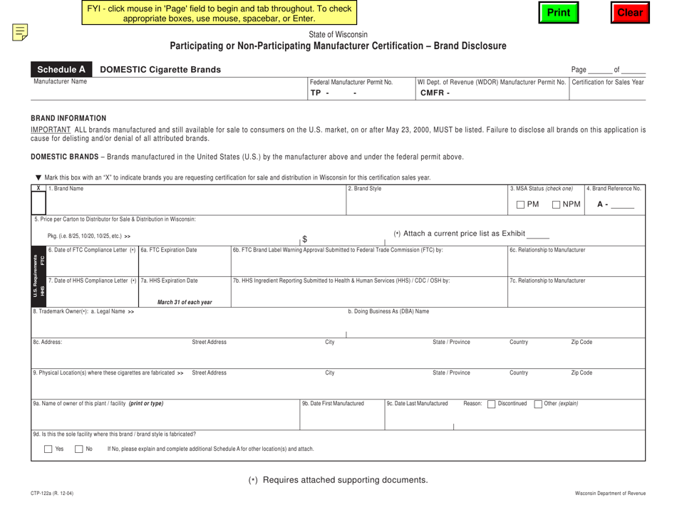 Form CTP-122A Schedule A Brand Disclosure - Domestic Cigarettes - Wisconsin, Page 1