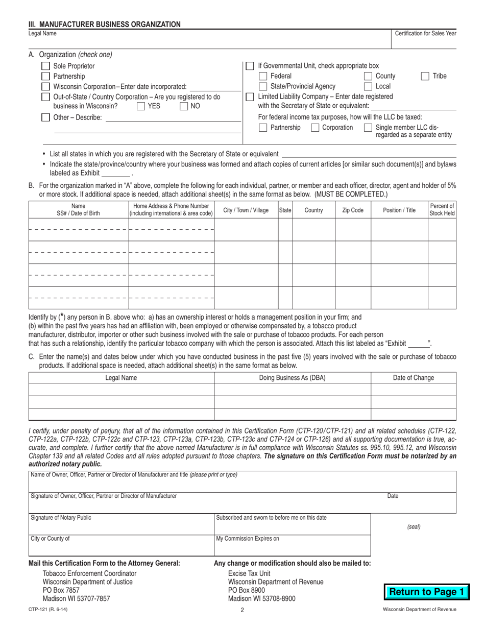 Form CTP-121 Certification by Non-participating Manufacturer - Wisconsin, Page 2