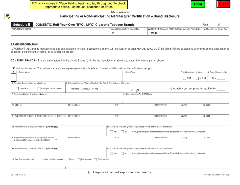 Form CTP-122B Schedule B Brand Disclosure - Domestic Roll-Your-Own - Wisconsin, Page 1