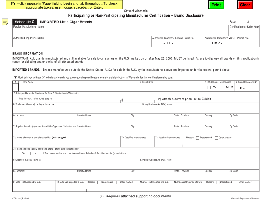 Form CTP-123C Schedule C Brand Disclosure - Imported Little Cigars - Wisconsin, Page 1