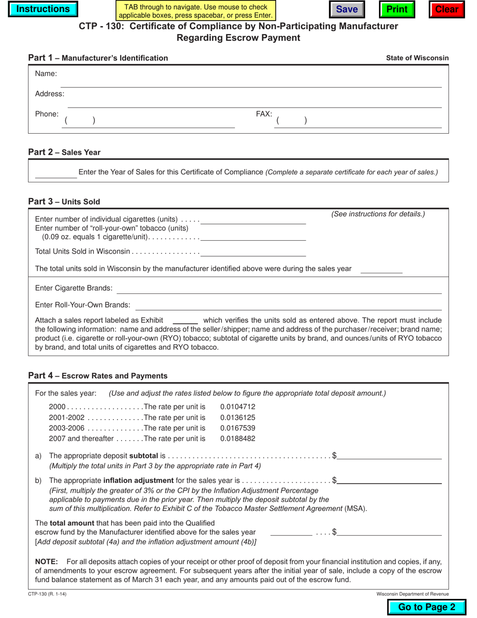 Form CTP-130 Certificate of Compliance by Non-participating Manufacturer Regarding Escrow Payment - Wisconsin, Page 1