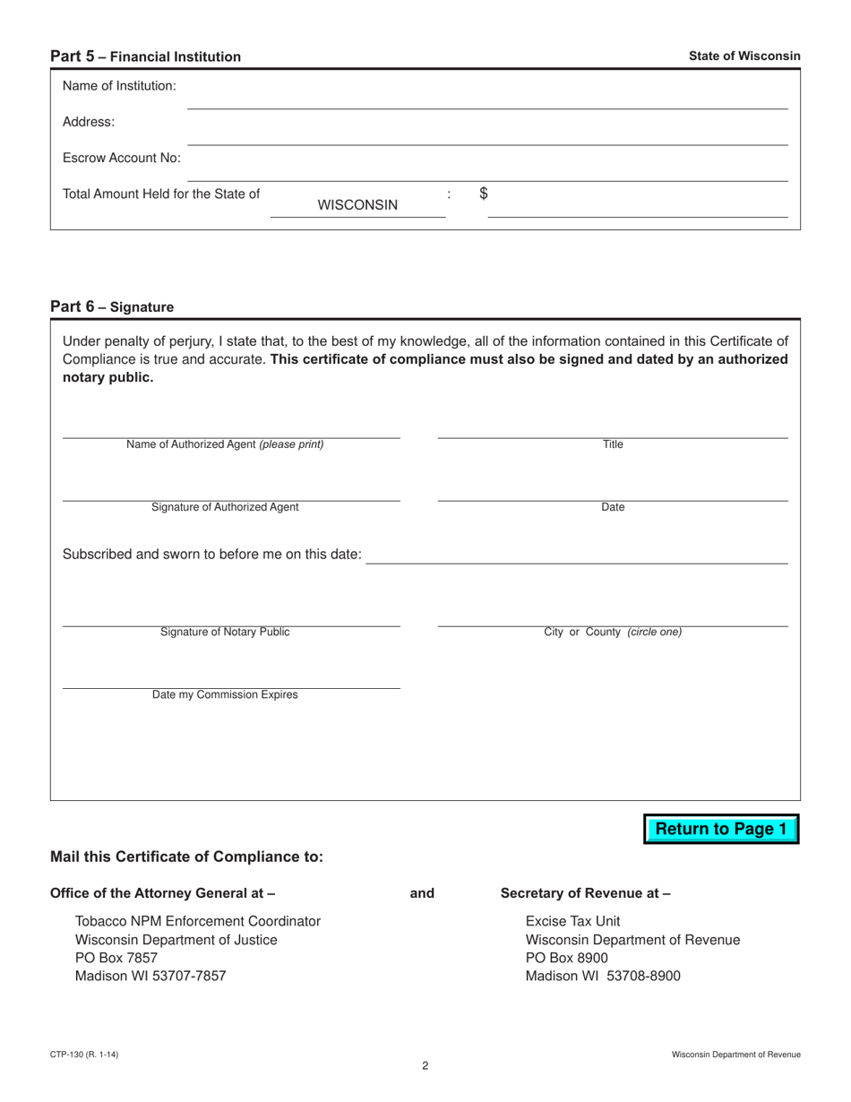 Form CTP-130 Certificate of Compliance by Non-participating Manufacturer Regarding Escrow Payment - Wisconsin, Page 2