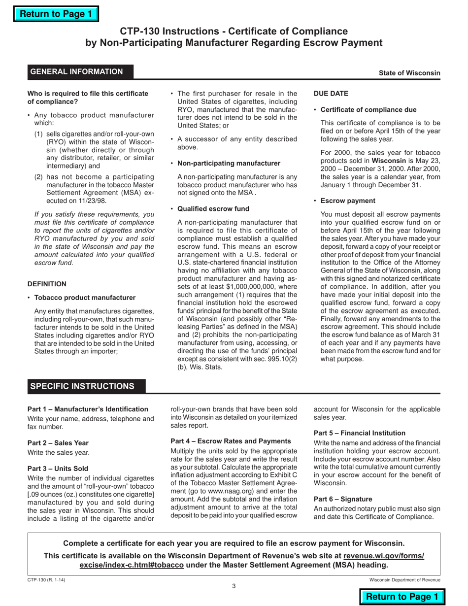 Form CTP-130 Certificate of Compliance by Non-participating Manufacturer Regarding Escrow Payment - Wisconsin, Page 3