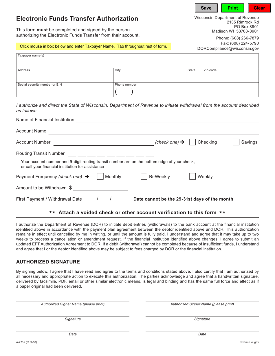 Form A-771A Electronic Funds Transfer Authorization - Wisconsin, Page 1