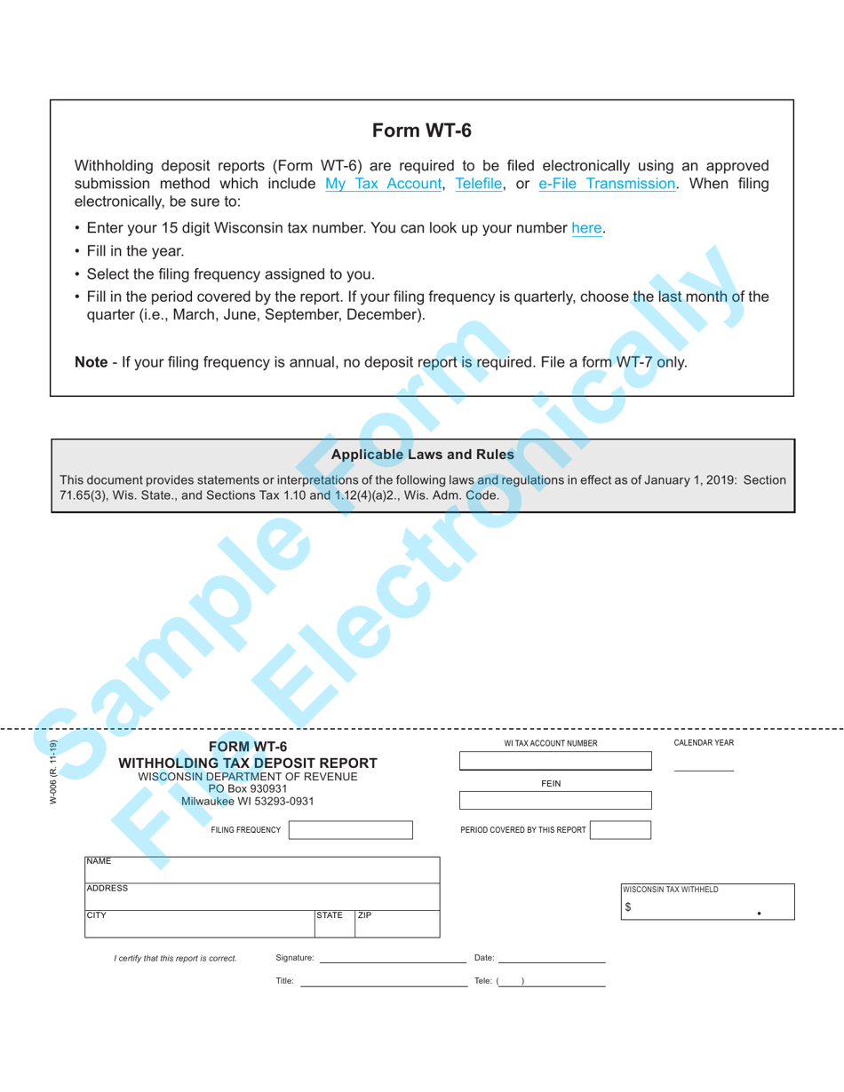 Form WT-6 Withholding Tax Deposit Report - Wisconsin, Page 1