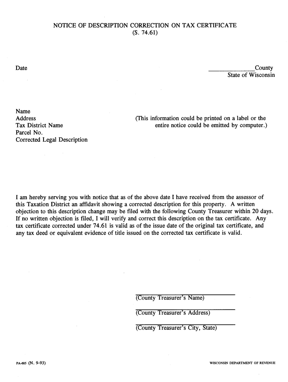 Form PA-605 Notice of Description Correction on Tax Certificate - Wisconsin, Page 1