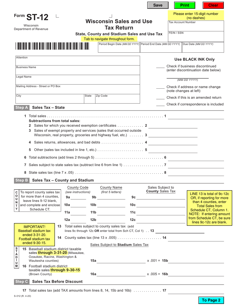 Form ST-12 Wisconsin Sales and Use Tax Return - Wisconsin, Page 1