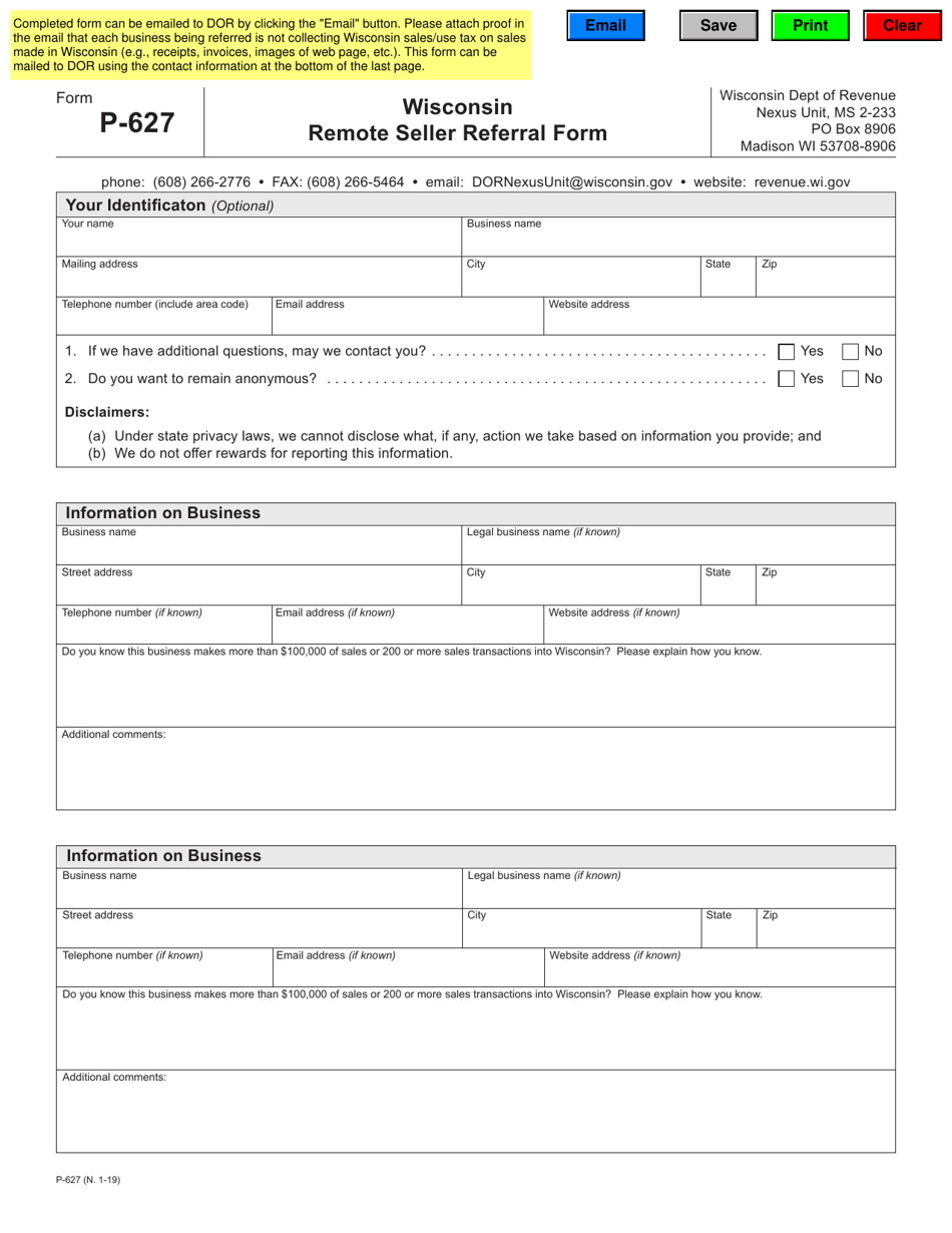 Form P-627 Wisconsin Remote Seller Referral Form - Wisconsin, Page 1