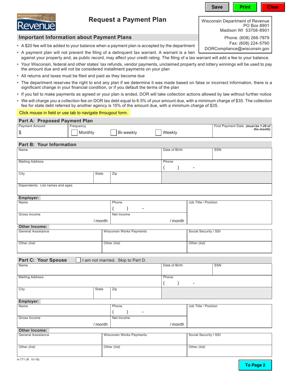 Form A-771 Request a Payment Plan - Wisconsin, Page 1