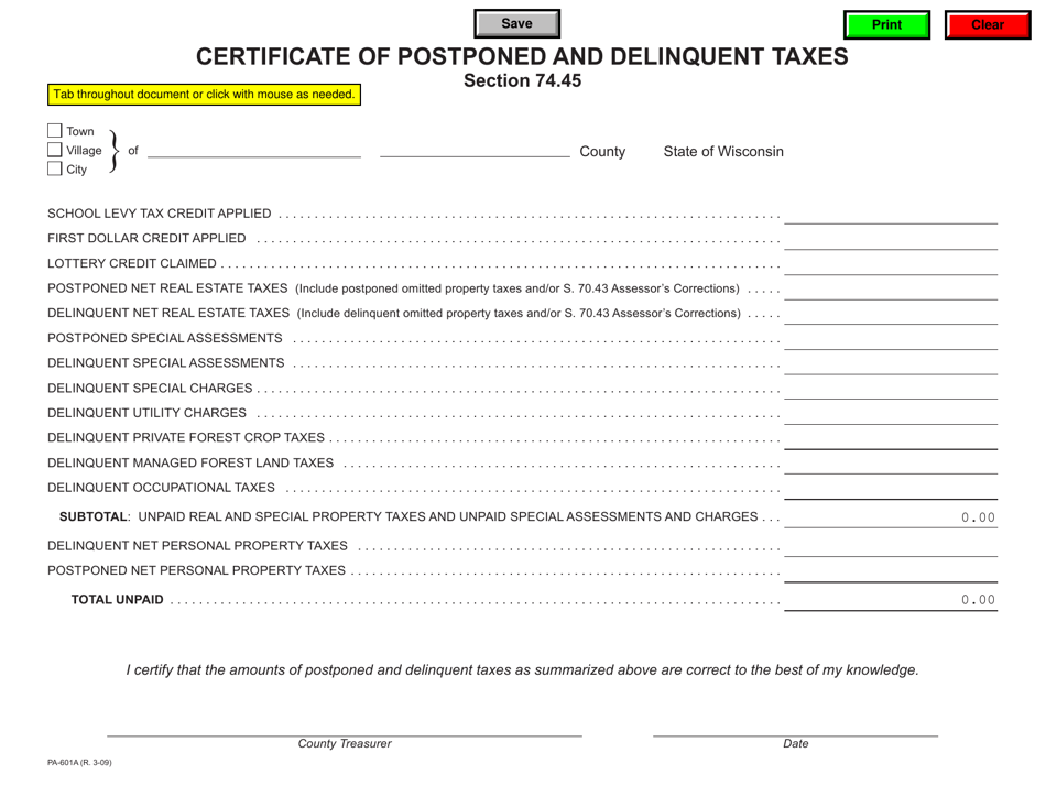 Form PA-601A Certificate of Postponed and Delinquent Taxes - Wisconsin, Page 1