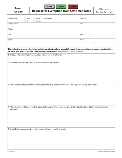 Form PA-050 Request for Exemption From State Mandates - Wisconsin