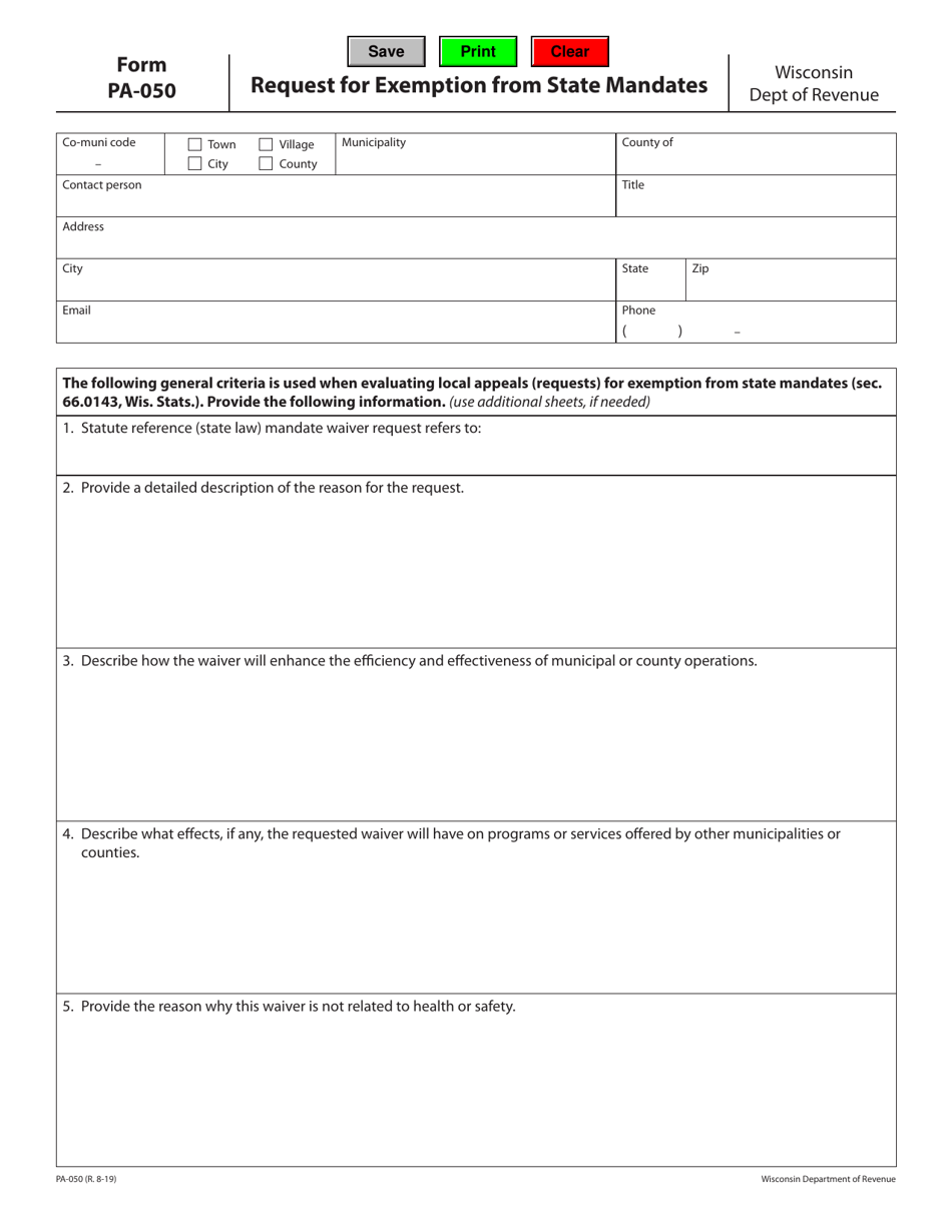 Form PA-050 Request for Exemption From State Mandates - Wisconsin, Page 1