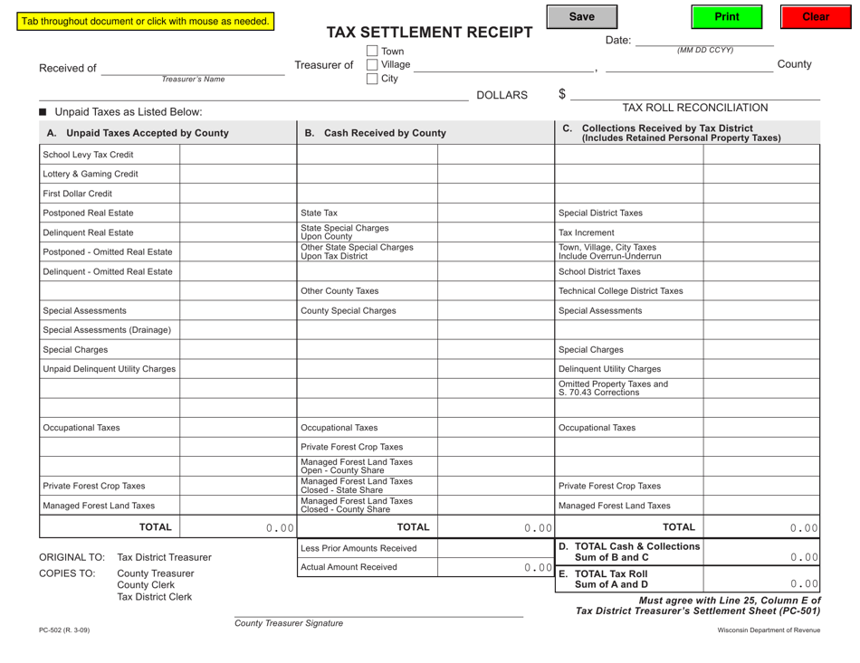 Form PC-502 Tax Settlement Receipt - Wisconsin, Page 1