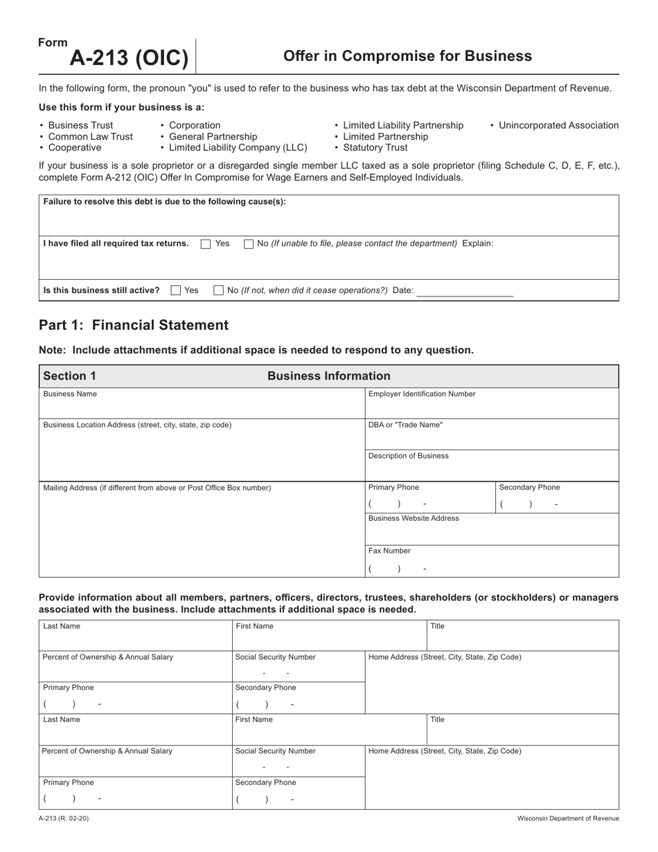 Form A-213 Offer in Compromise for Business - Wisconsin, Page 1