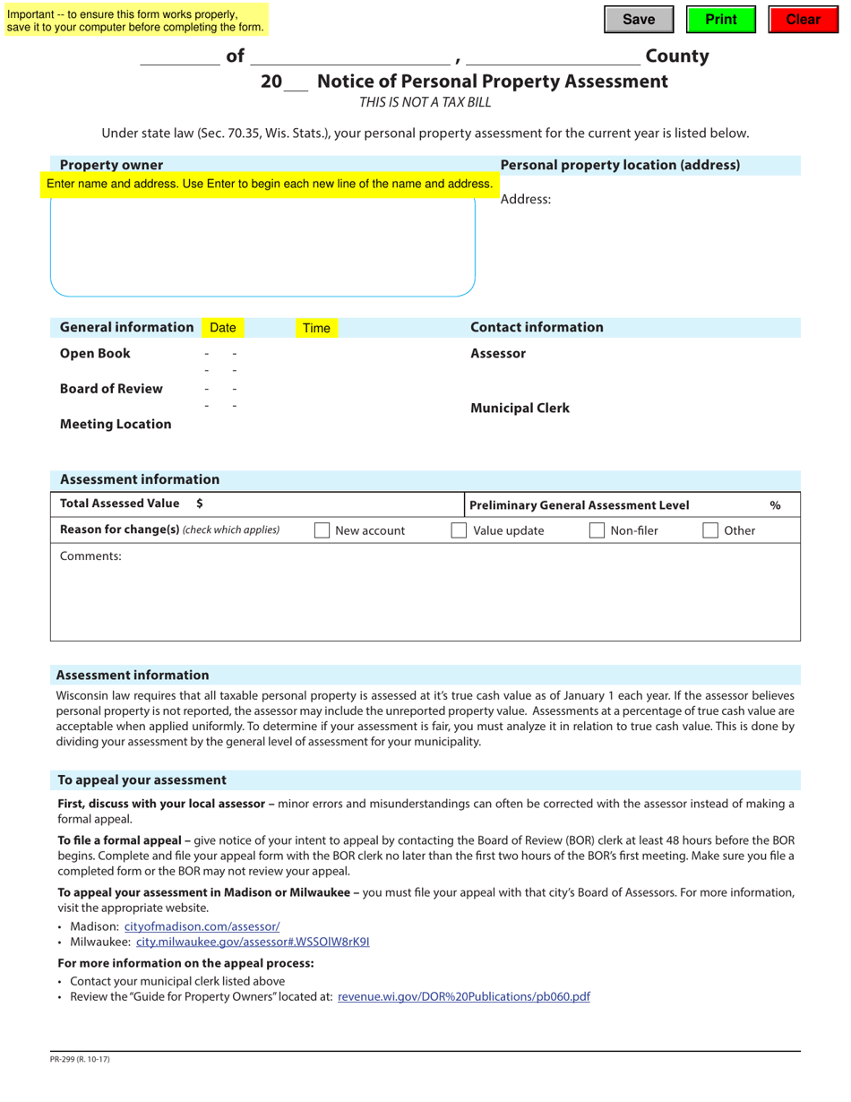 Form PR-299 Notice of Personal Property Assessment - Wisconsin, Page 1