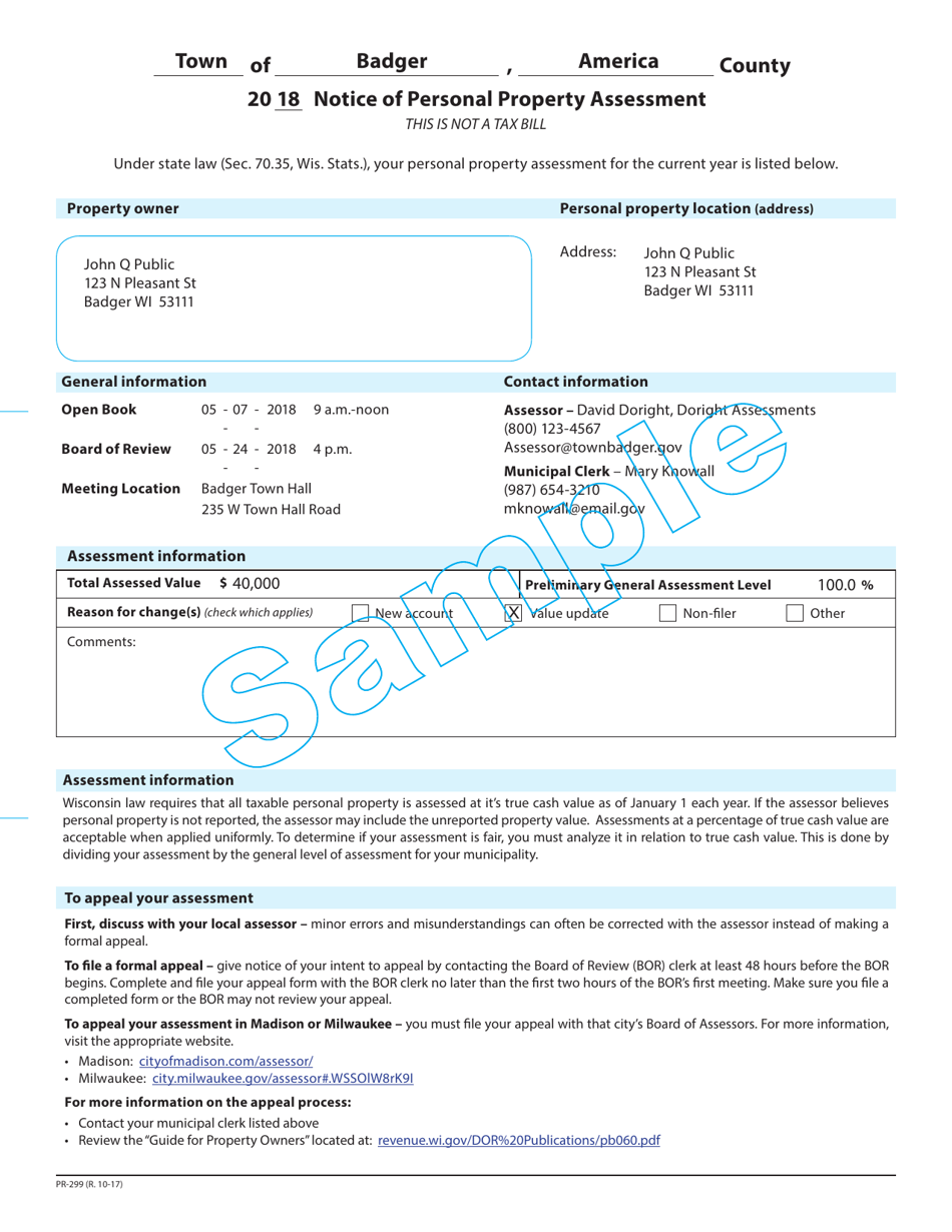 Form PR-299 Notice of Personal Property Assessment - Wisconsin, Page 2