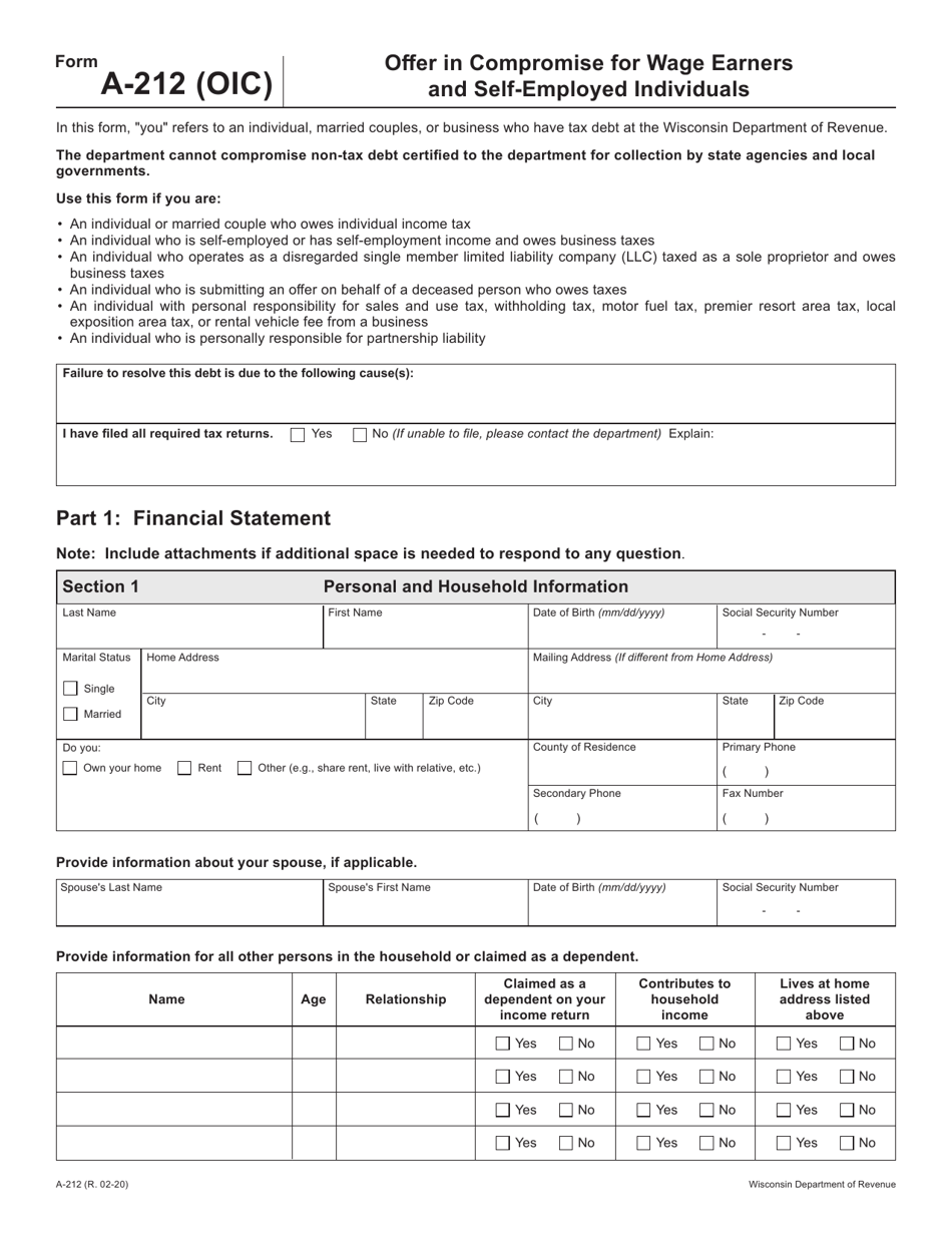 Form A-212 Offer in Compromise for Wage Earners and Self-employed Individuals - Wisconsin, Page 1
