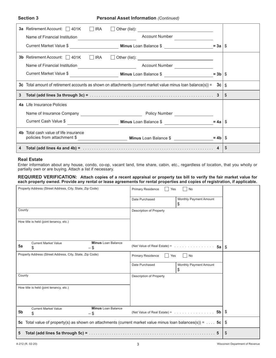 Form A-212 Offer in Compromise for Wage Earners and Self-employed Individuals - Wisconsin, Page 3