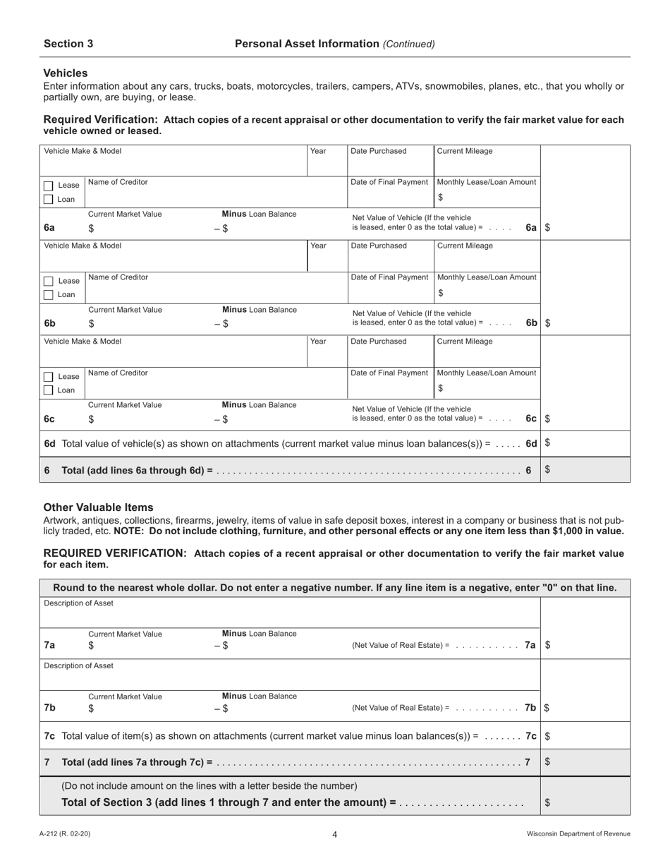 Form A-212 Offer in Compromise for Wage Earners and Self-employed Individuals - Wisconsin, Page 4