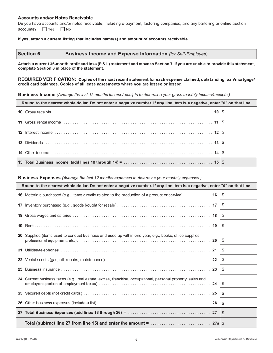 Form A-212 Offer in Compromise for Wage Earners and Self-employed Individuals - Wisconsin, Page 6