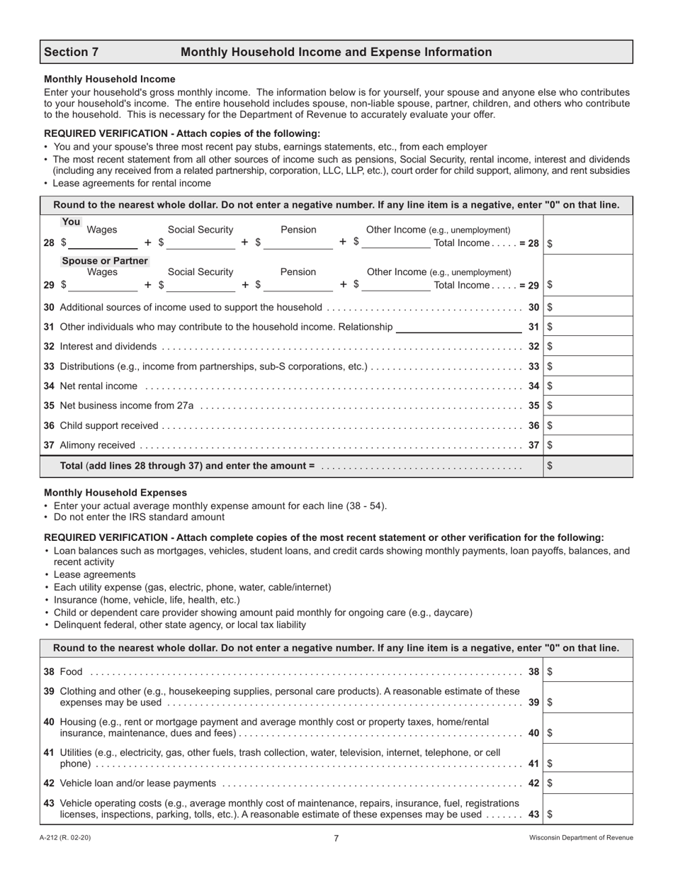 Form A-212 Offer in Compromise for Wage Earners and Self-employed Individuals - Wisconsin, Page 7