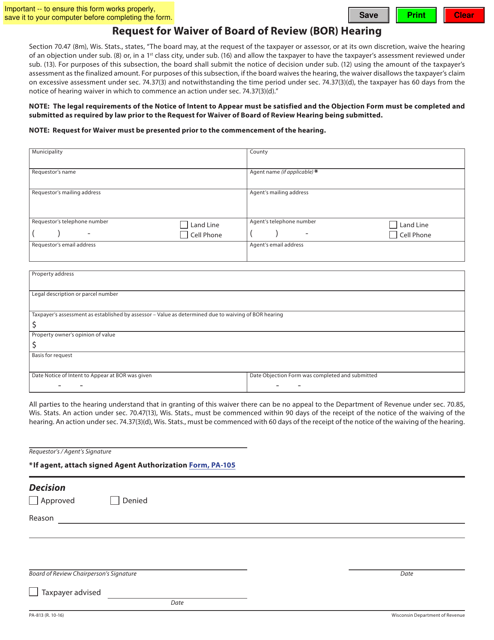 Form PA-813 Request for Waiver of Board of Review (Bor) Hearing - Wisconsin