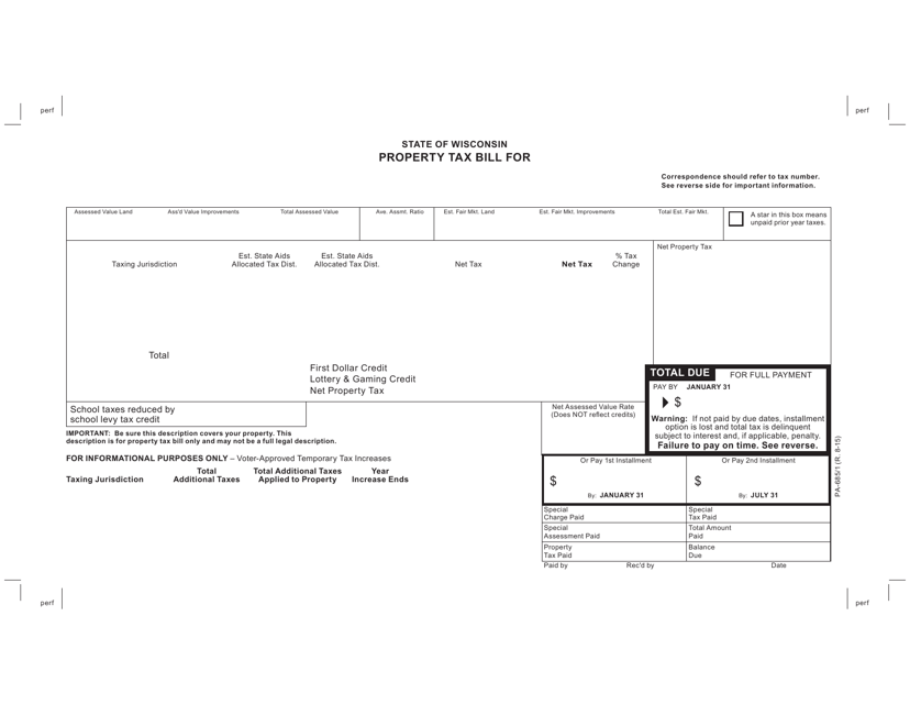 Form PA-685/1 Property Tax Bill - Wisconsin