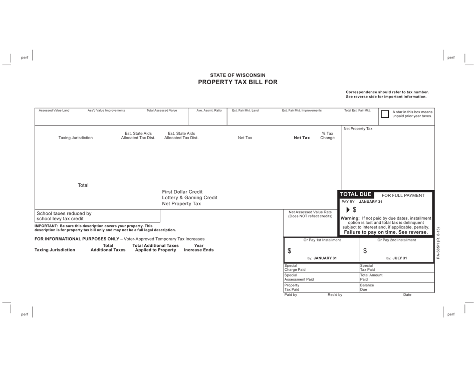 Form PA-685 / 1 Property Tax Bill - Wisconsin, Page 1